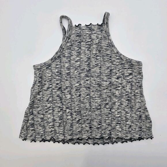 Anthropologie Top Womens XS Gray Navy Tank Crop Sweater Lettuce Hem Ribbed Kaden - Picture 6 of 11